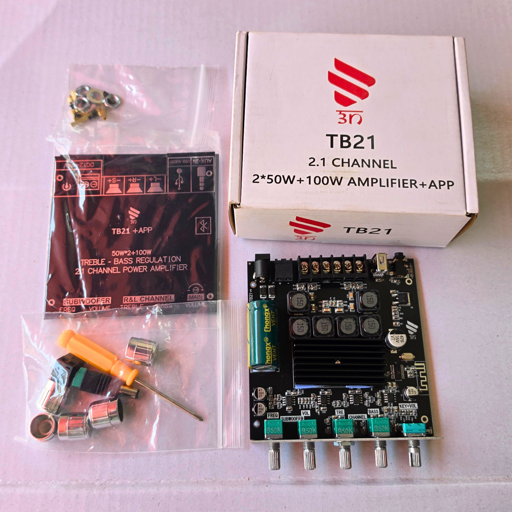 ZK-TB21 Bluetooth 5.0 2.1 Channel Audio Amplifier Board 200W (50Wx2+100W) Stereo HiFi Amplifier with Subwoofer Output 9V-24V